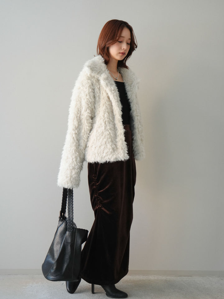 [SET]フェイクファー襟付きショートブルゾン+ギャザーベロアスカート(2set)