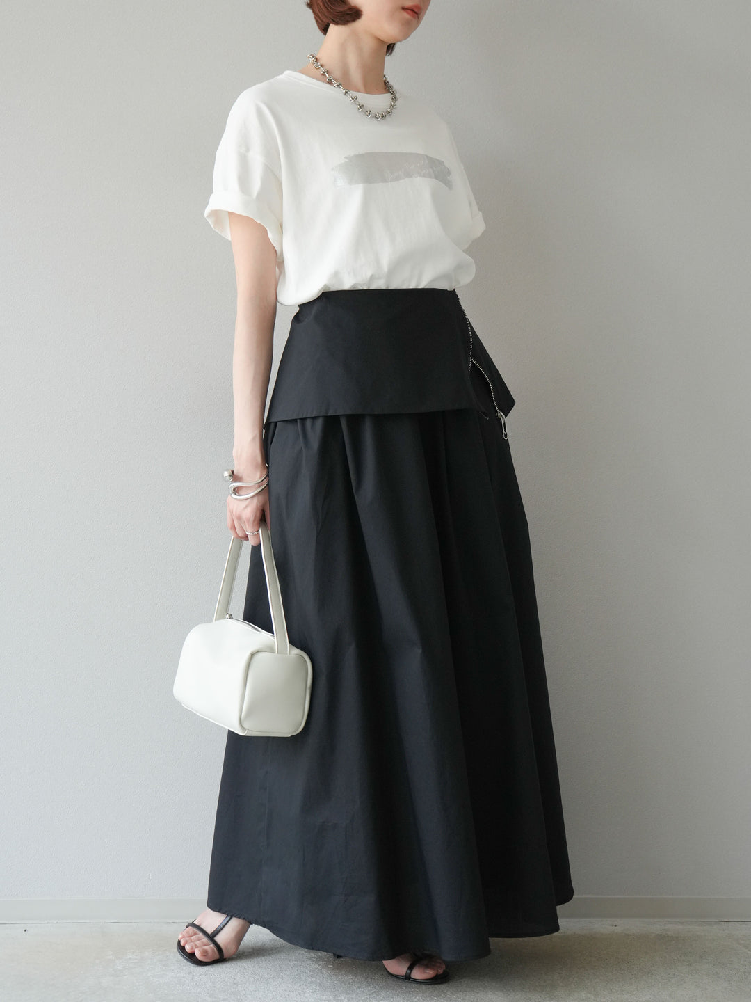 [予約]レイヤードジップデザインブロードフレアスカート/ブラック