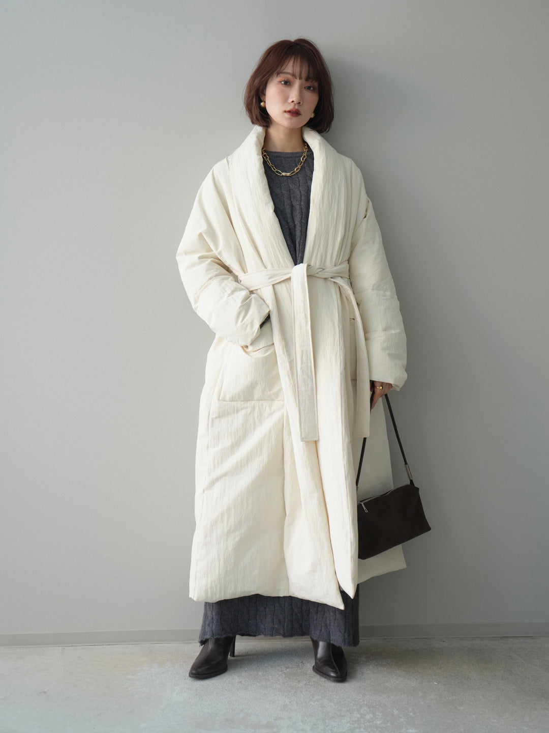 [SET]ストール付ケーブルニットプルオーバー&ロングスカートSET UP+ロングダウンコート(2set)