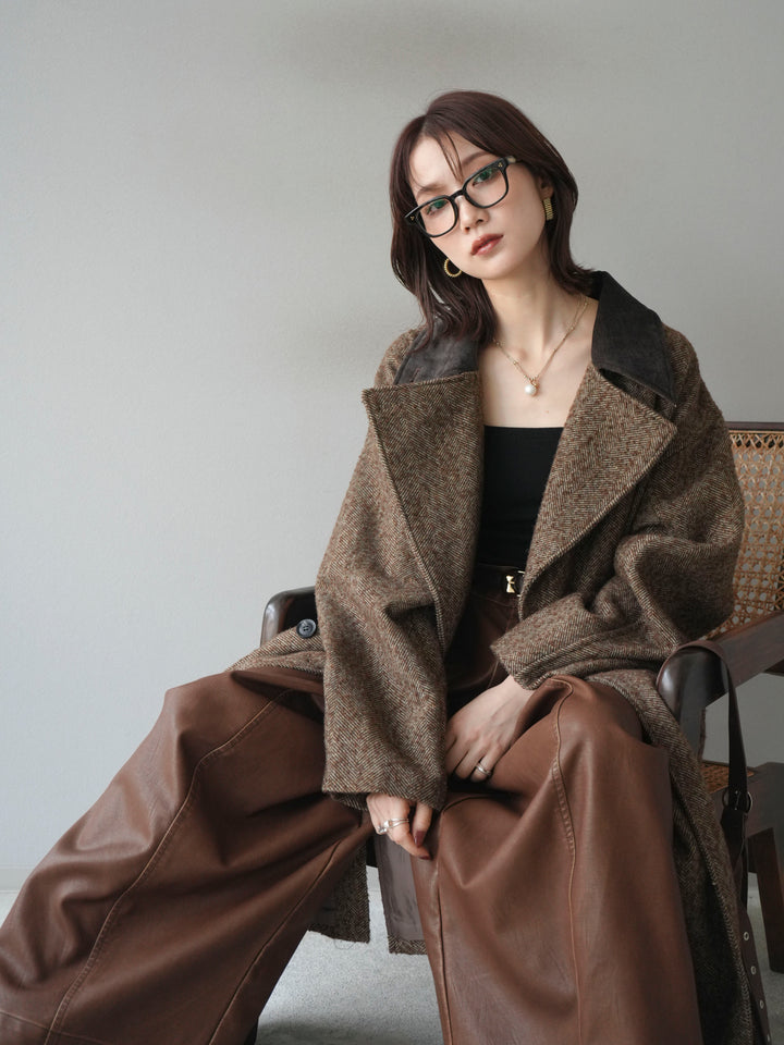 [予約]ネップヘリンボーンレザー襟チェスターコート/brown