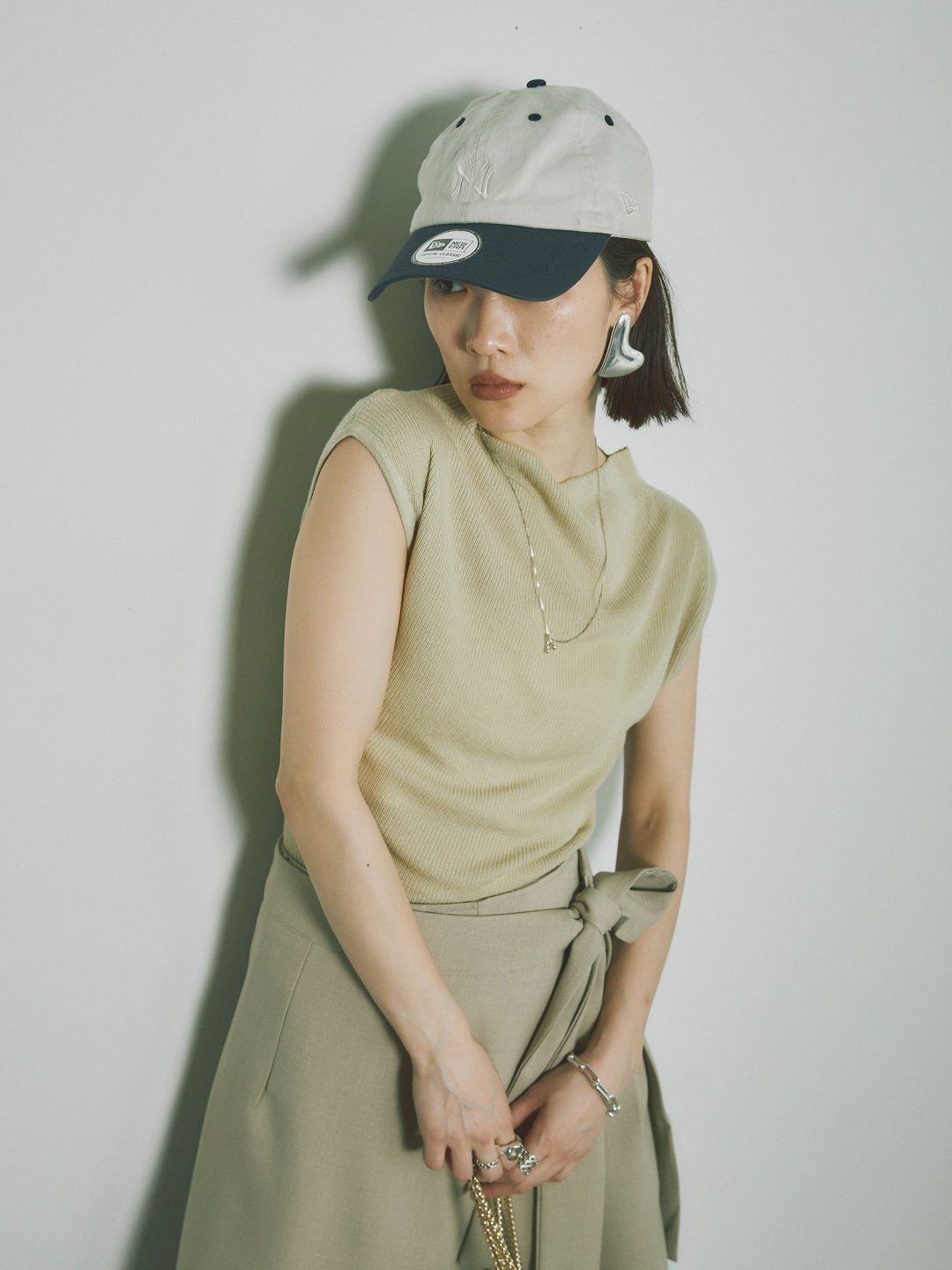 [予約]プチネックノースリーブリブニットトップス/ピスタチオ