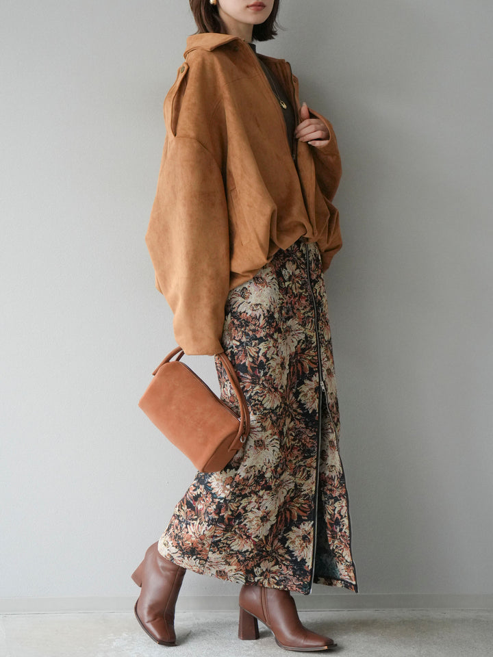 [套裝] 麂皮外套 + 小領法式針織上衣 + 哥布蘭前拉鍊緊身裙（3 套）