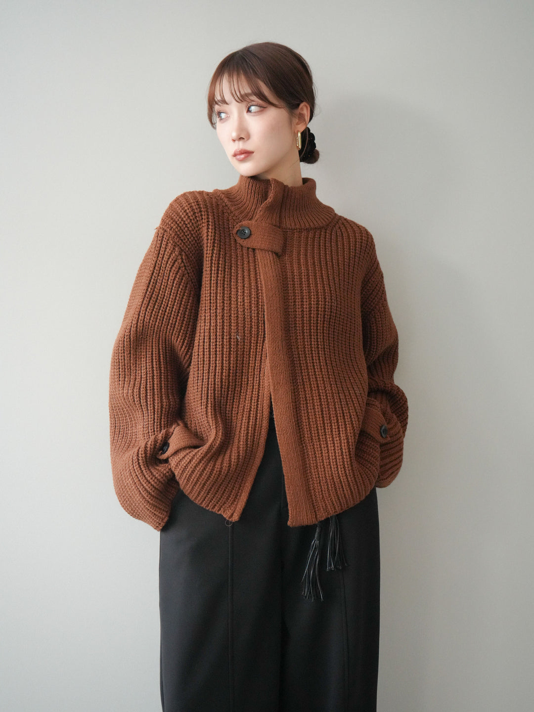 [SET]畦編みボトルネックZIPニットカーディガン+選べるアクセセット(2set)