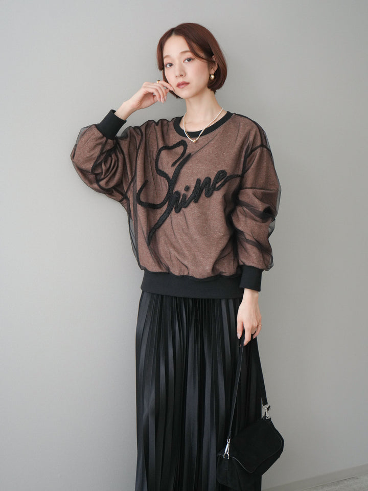 [SET]チュールレイヤードロゴスエットプルオーバー+サテンプリーツマキシスカート(2set)