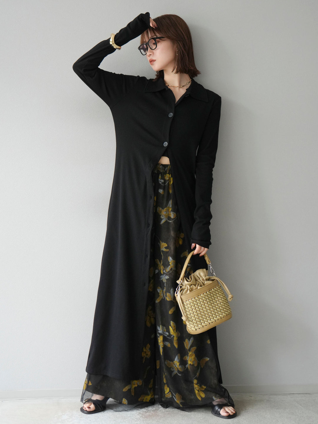 [SET]襟付きカットリブボタンワンピース+フラワープリントチュールレイヤードパンツ(2set)