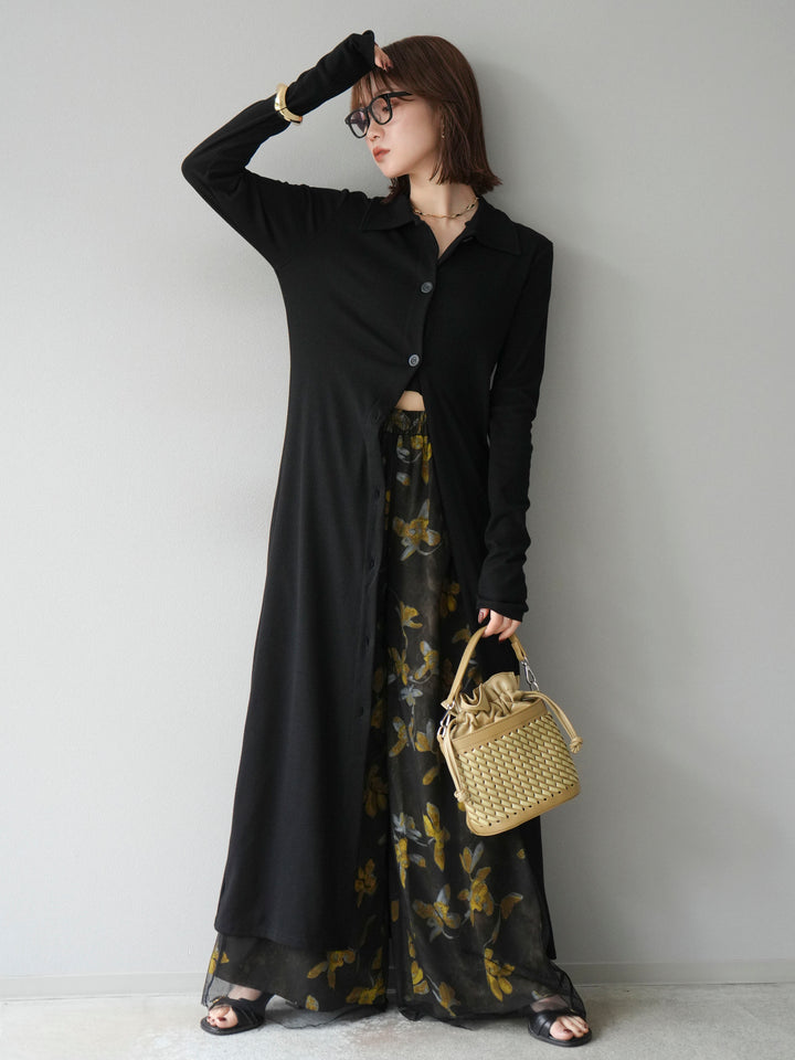 [SET]襟付きカットリブボタンワンピース+フラワープリントチュールレイヤードパンツ(2set)