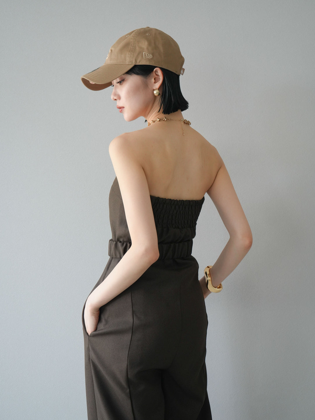 【預購】混色斜紋腰帶熊圖案工裝褲/棕色