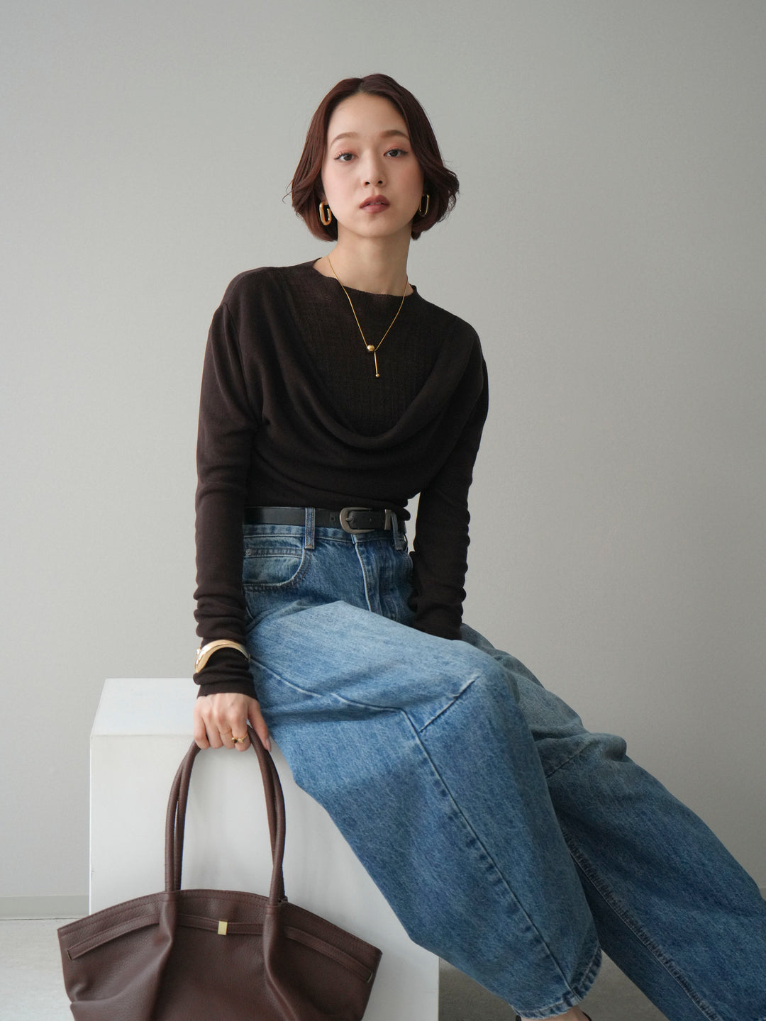 [予約]ボトルネックドレープレイヤードニットトップス/brown