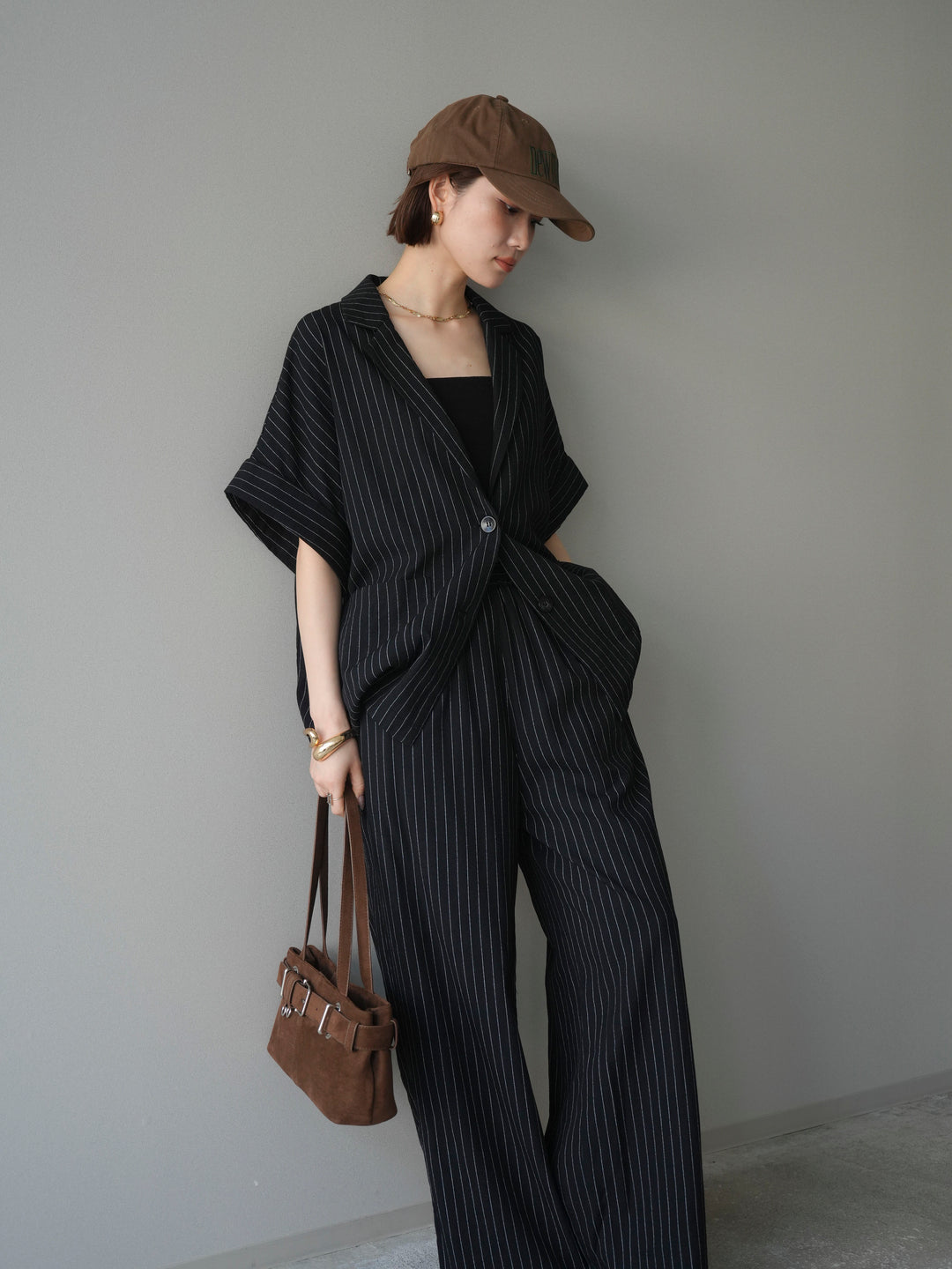 [SET]ストライプハーフスリーブオーバージャケット+ストライプリラックスワイドパンツ(2set)