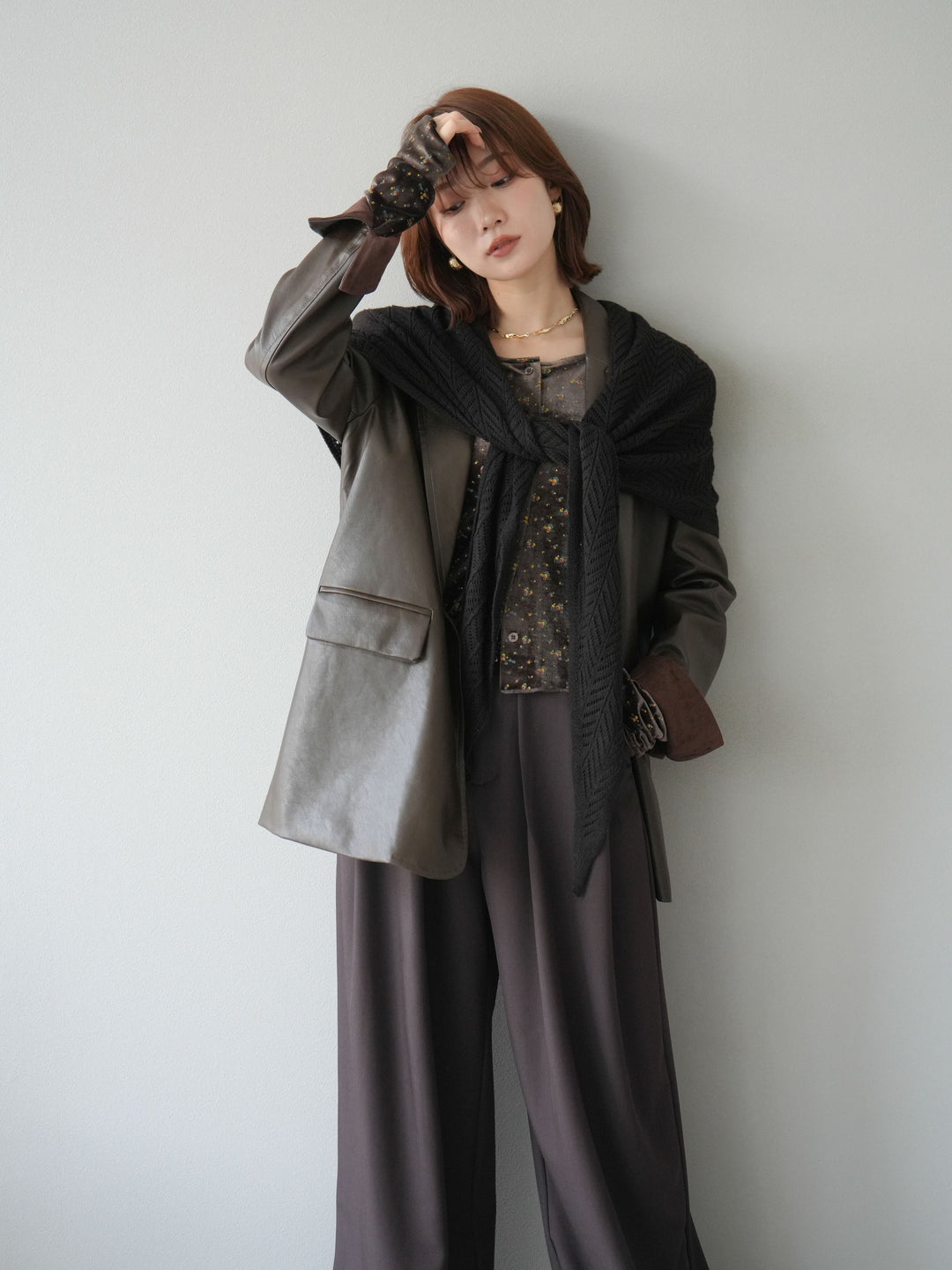 [予約]フェイクレザーテーラードジャケット/ブラウン