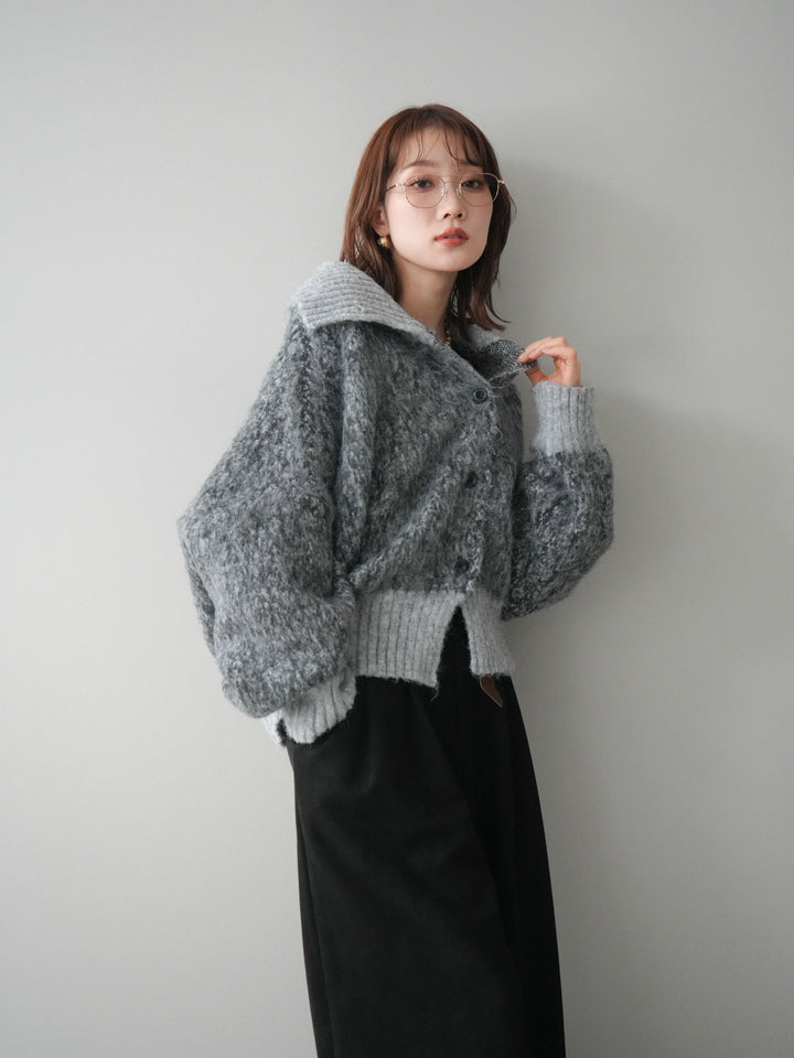 [SET]リブ切替メランジニットカーディガン+モチーフベルト付スエードタックワイドパンツ(2set)