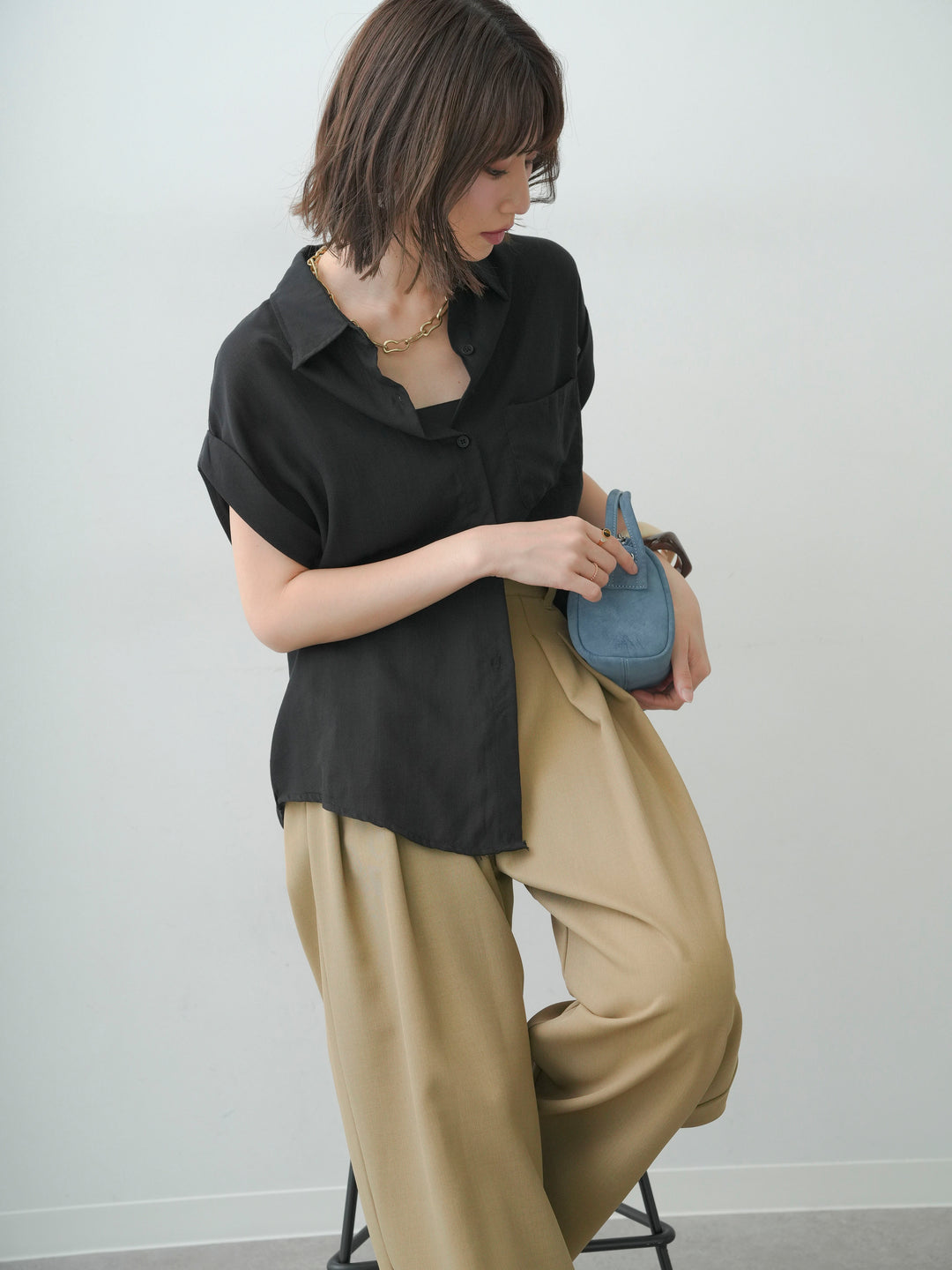 [SET]バックレースフレンチシャツ+クレープデシンタックワイドパンツ(2set)