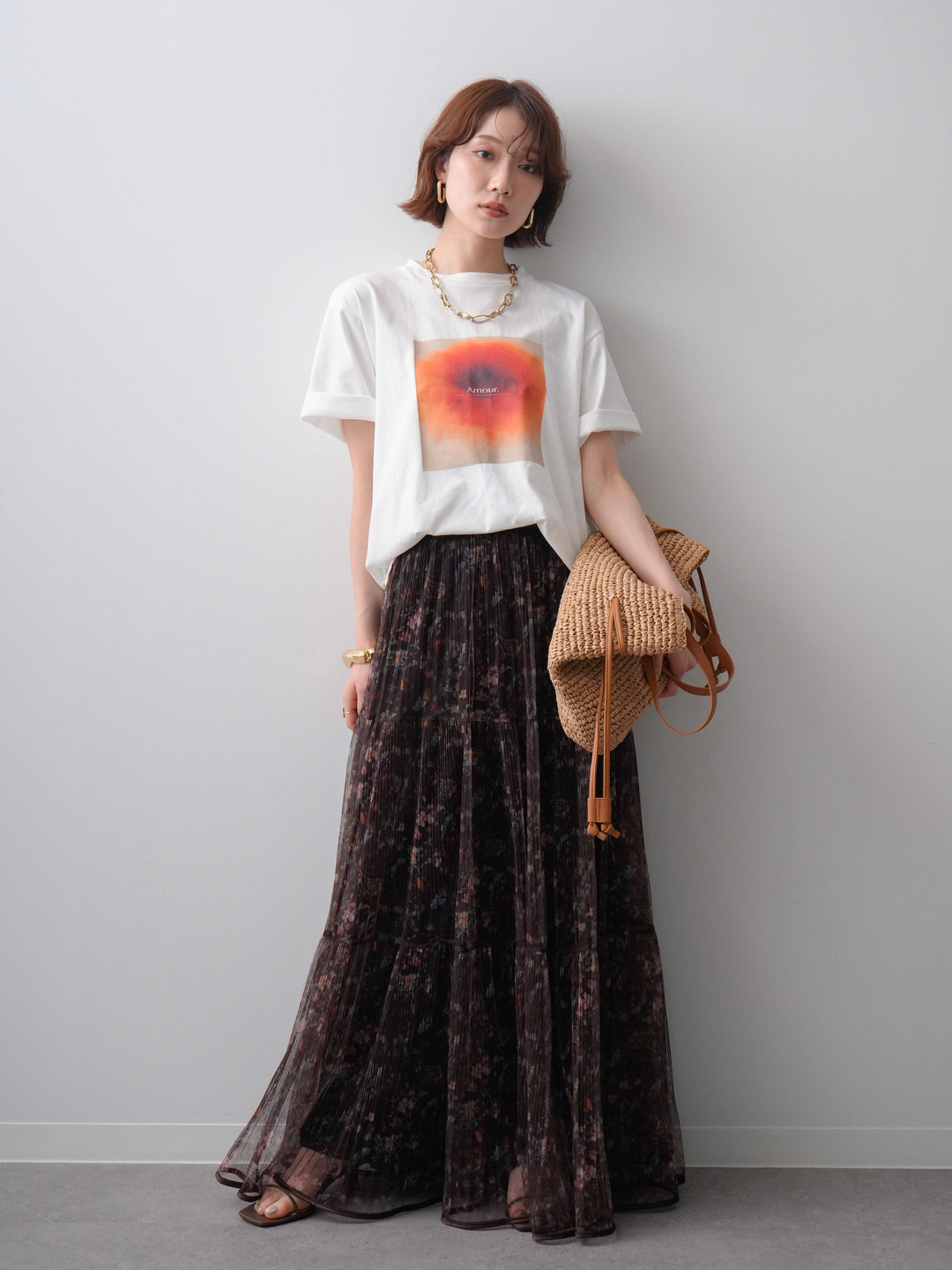 [SET]ニュアンスフローラルフォトTEE+フラワーチュールギャザースカート(2set)