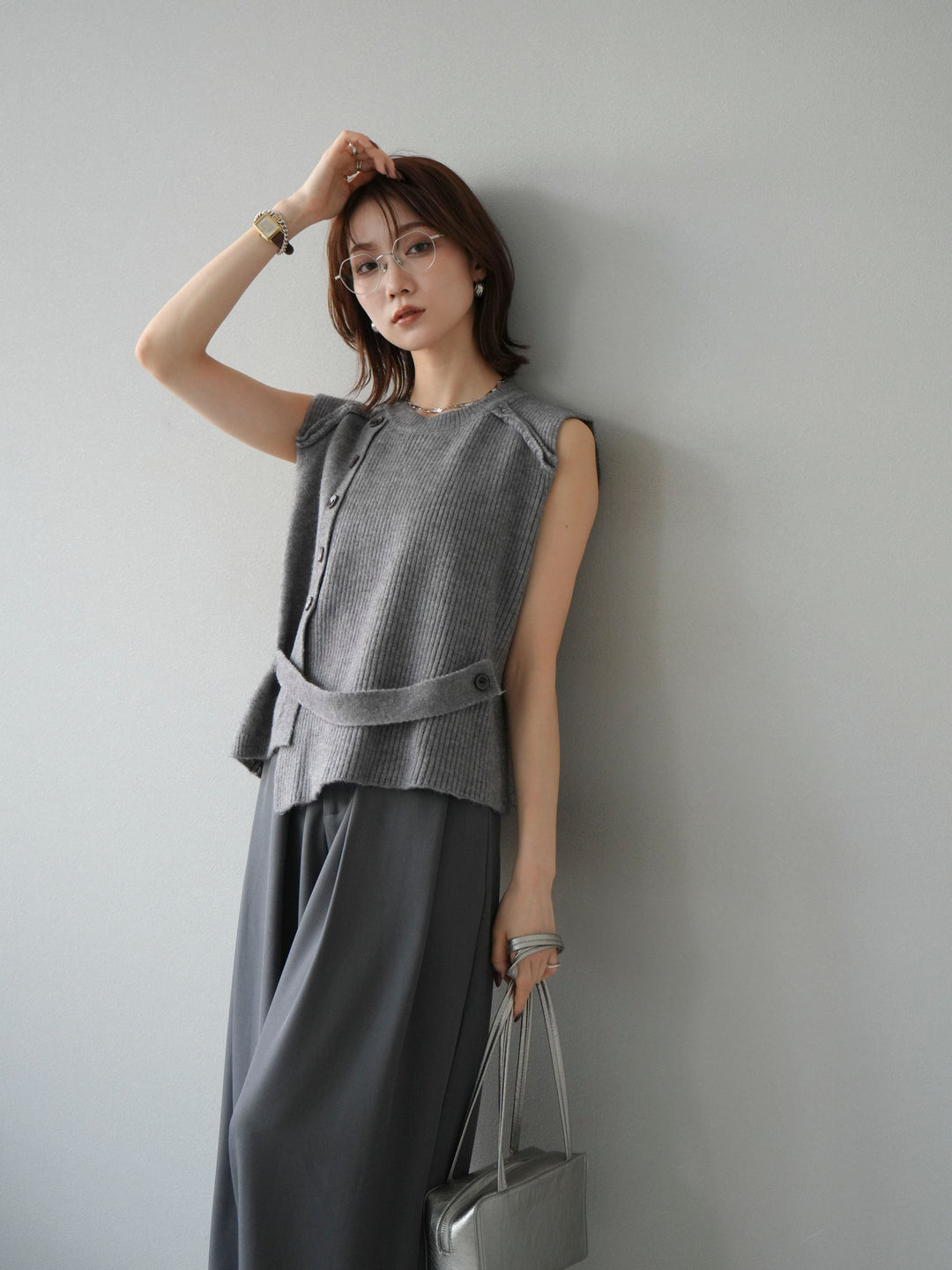 [予約]レイヤードボタンニットベスト/グレー