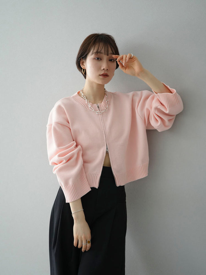 【預訂】雙拉鍊短款針織開襟衫/粉紅色