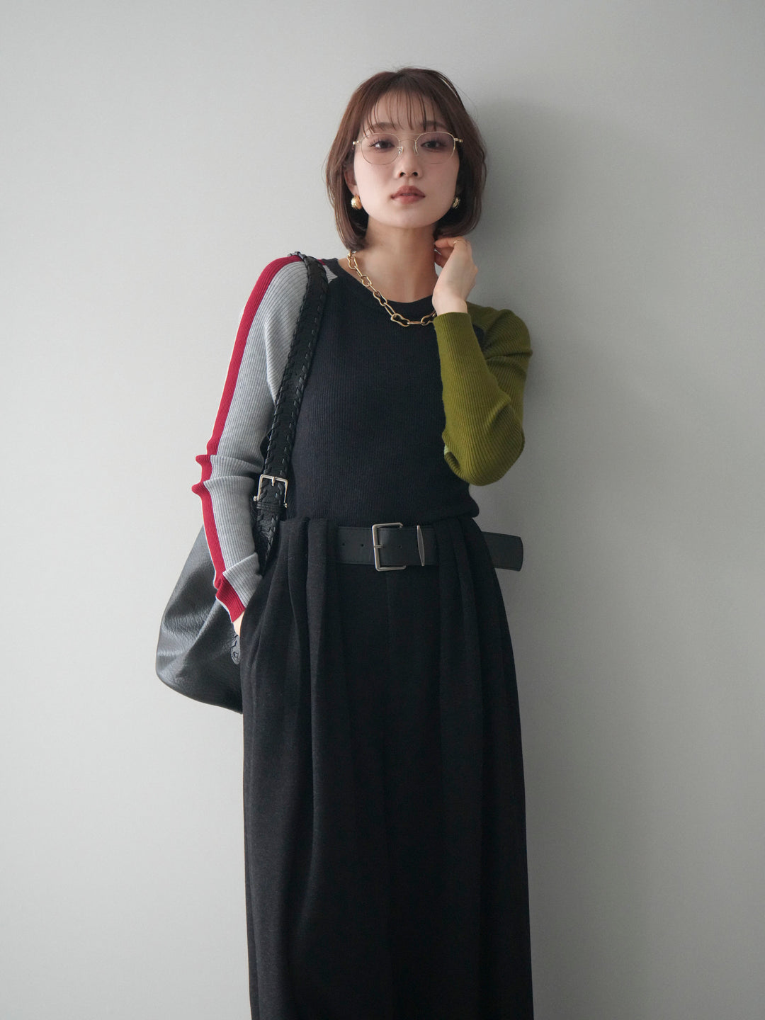 [SET]バイカラーラグランニットトップス+選べるアクセセット(2set)