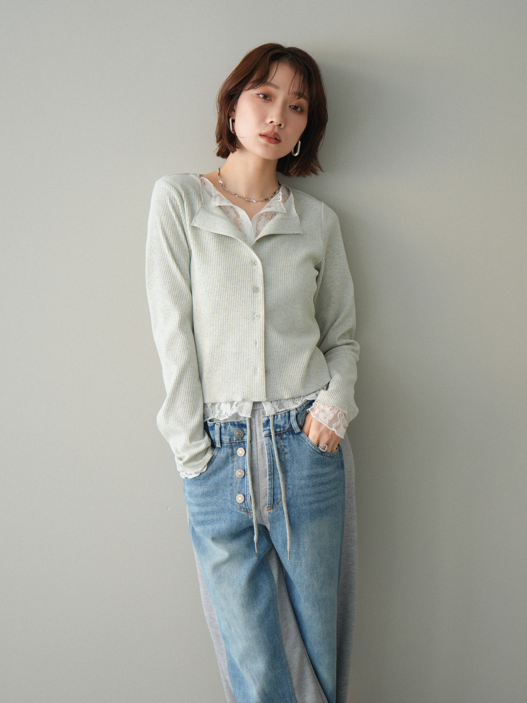 [SET]レースドッキングテレコリブカーディガン+選べるアクセセット(2set)