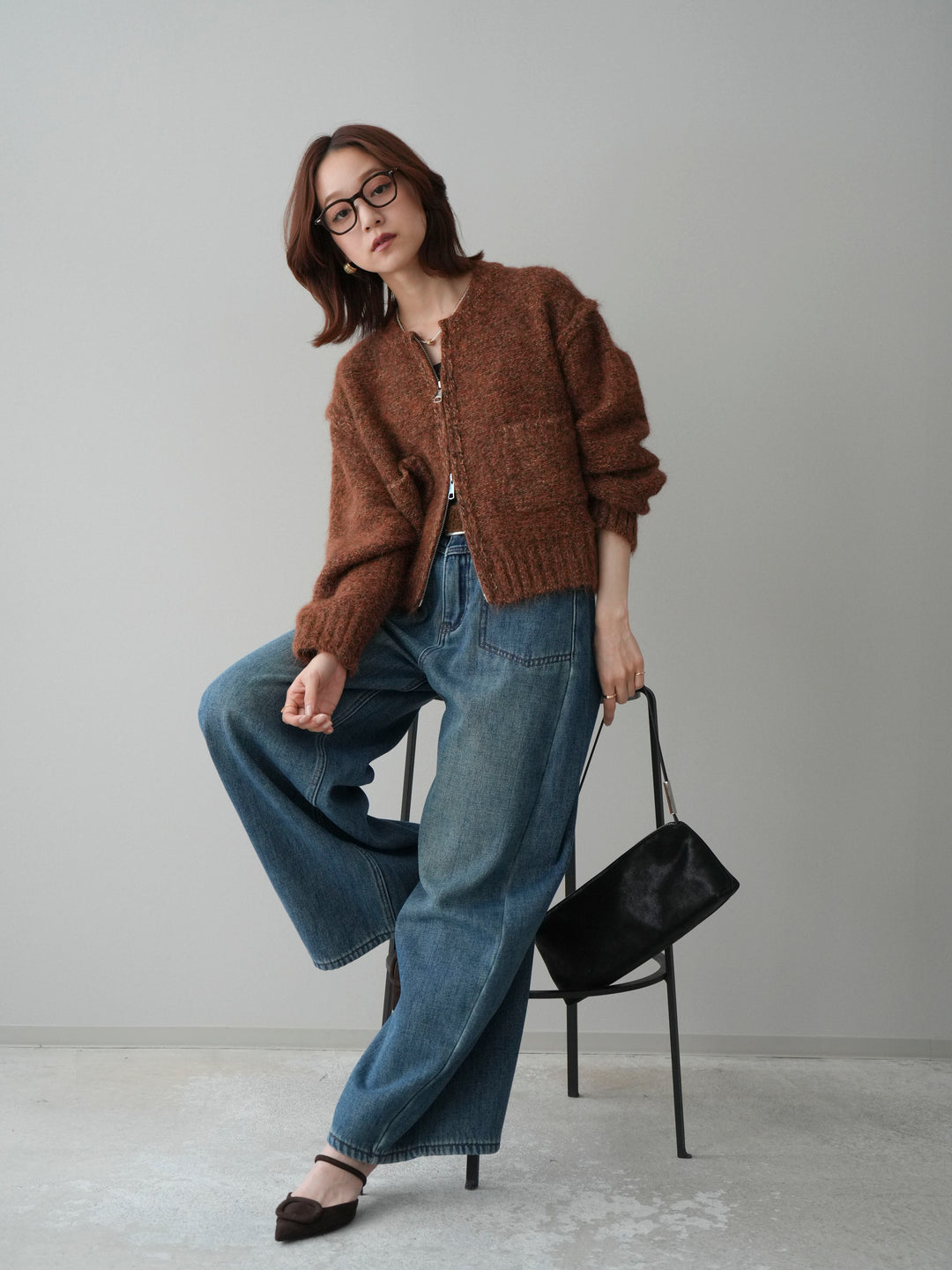 [SET]ミックスヤーンダブルZIPニットカーディガン+ベルト付裏起毛カーブデニムパンツ(2set)