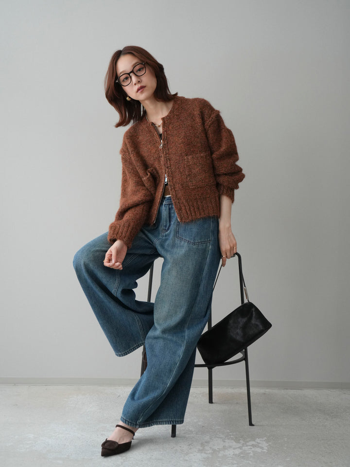 [SET]ミックスヤーンダブルZIPニットカーディガン+ベルト付裏起毛カーブデニムパンツ(2set)