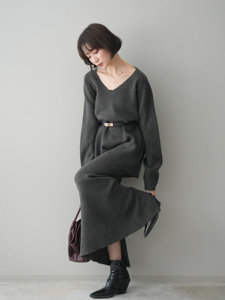 [SET]ベルト付Vネックニット＆スカートSET UP+ベルト付Vネックニット＆スカートSET UP(2set)