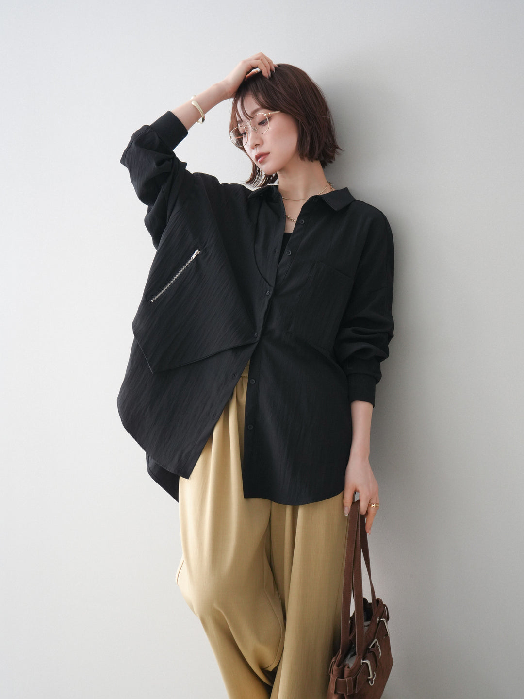 [予約]リブカフスアシンメトリーZIPデザインオーバーシャツ/black