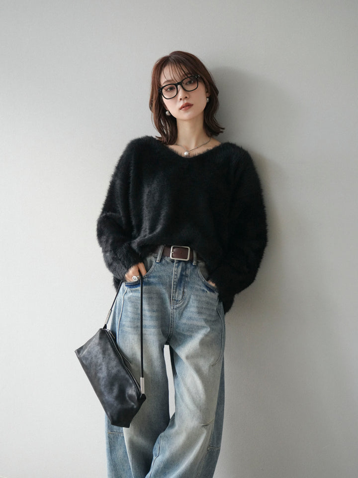 [予約]バックリボンVネックシャギーニットプルオーバー/black