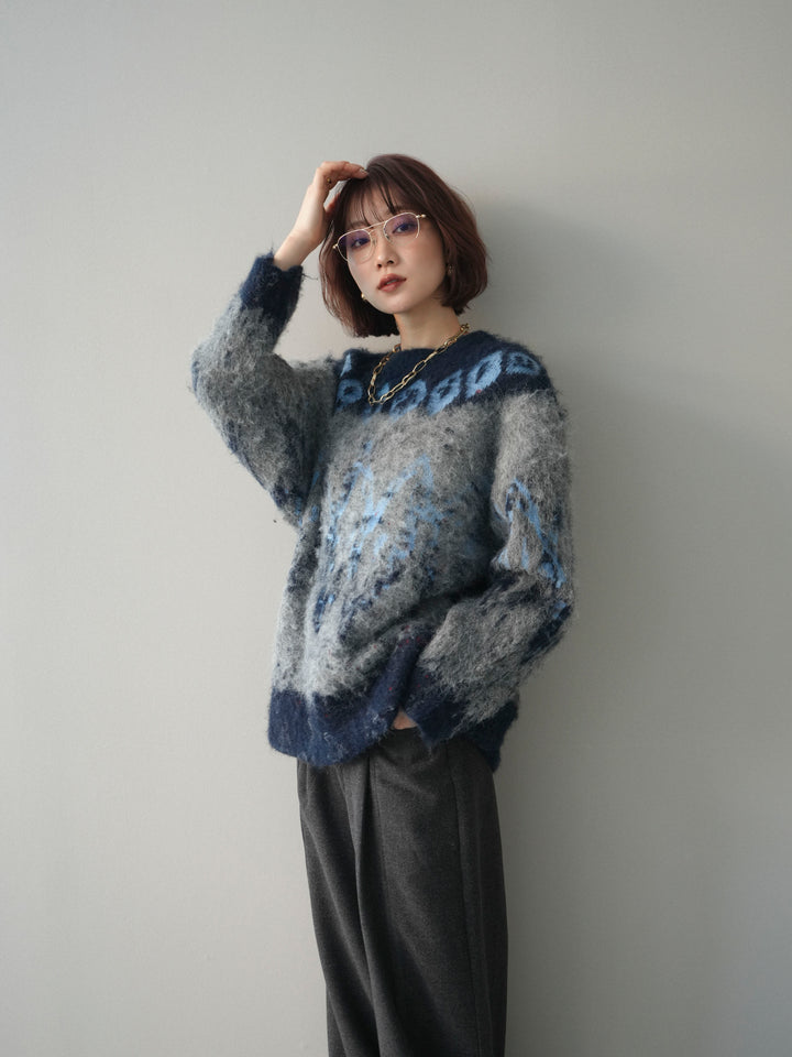 [SET]シャギーニュアンス柄ニットプルオーバー+ベルト付起毛コクーンパンツ(2set)