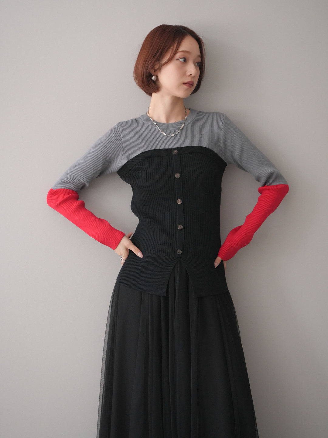 [SET]配色ビスチェドッキングリブニットトップス+選べるアクセセット(2set)