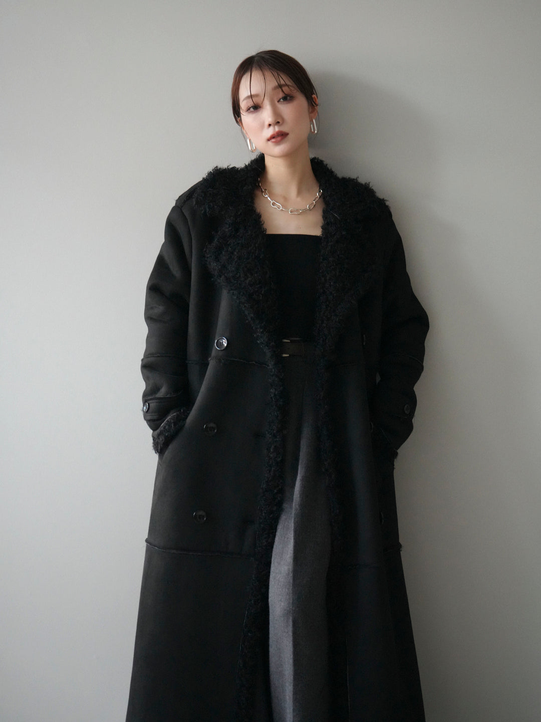 [予約]ムートンロングコート/black