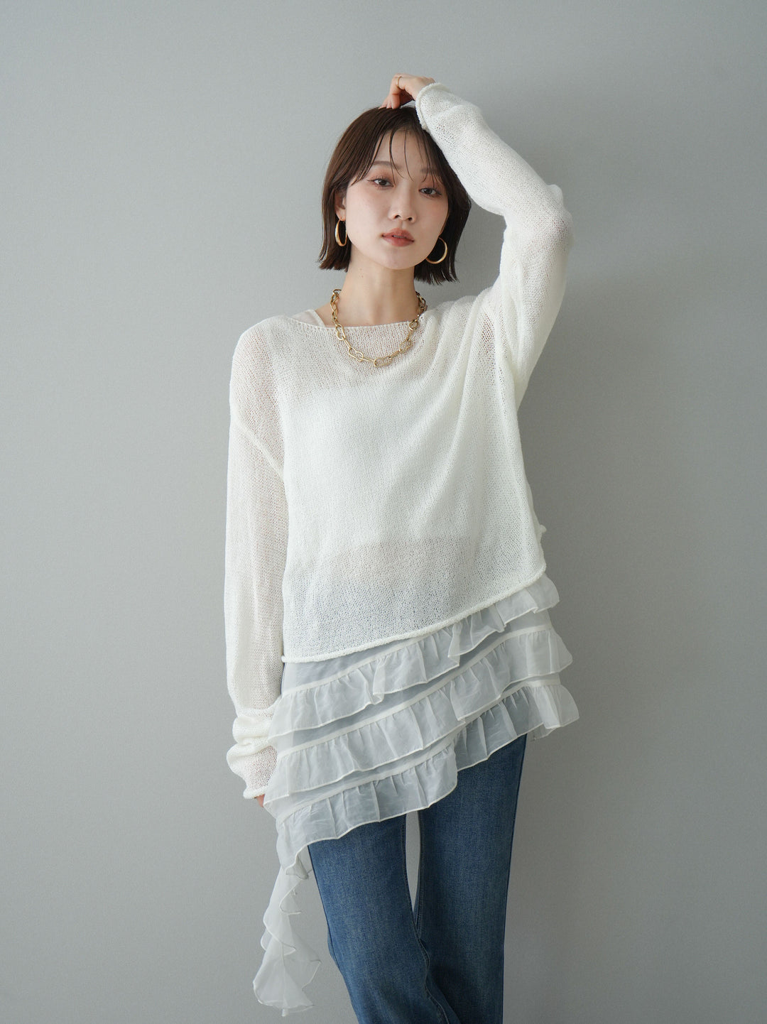 [予約]ラッフルオーガンジータンクトップ＆ニットアンサンブル/white