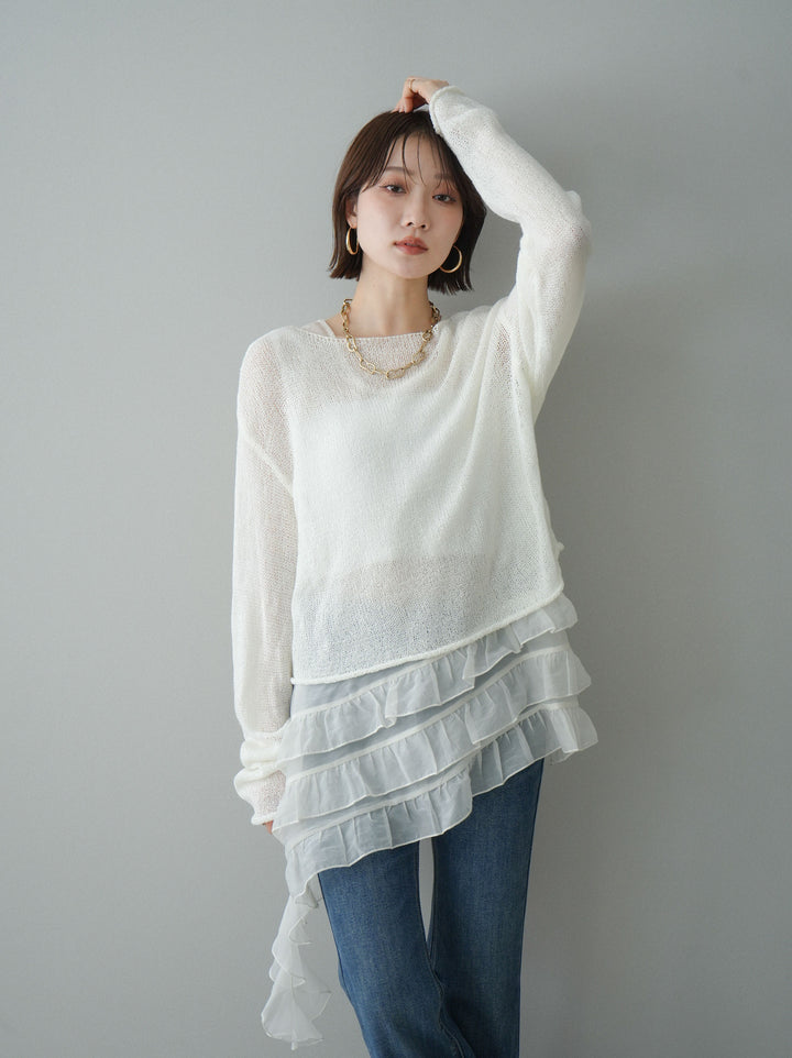 [予約]ラッフルオーガンジータンクトップ＆ニットアンサンブル/white