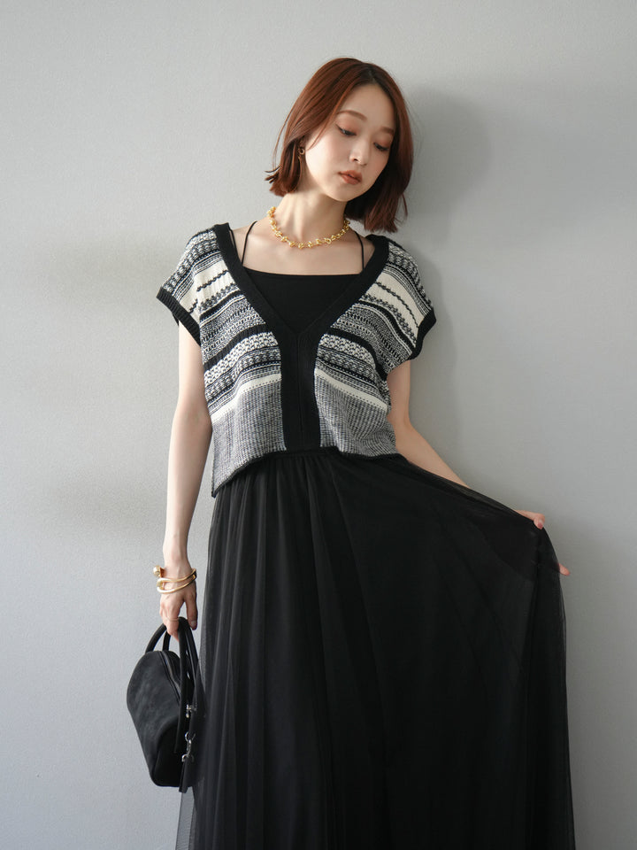 [予約]ガーター編み2WAYニットベスト/ホワイト×ブラック