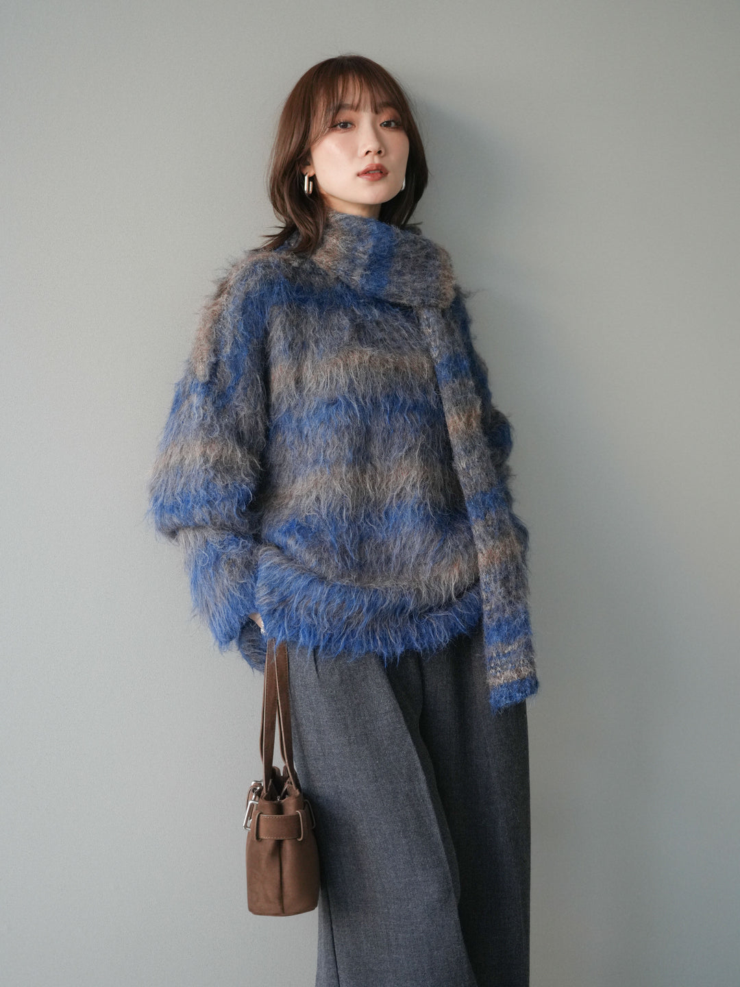 [予約]ストール付シャギーマルチボーダーニットプルオーバー/blue