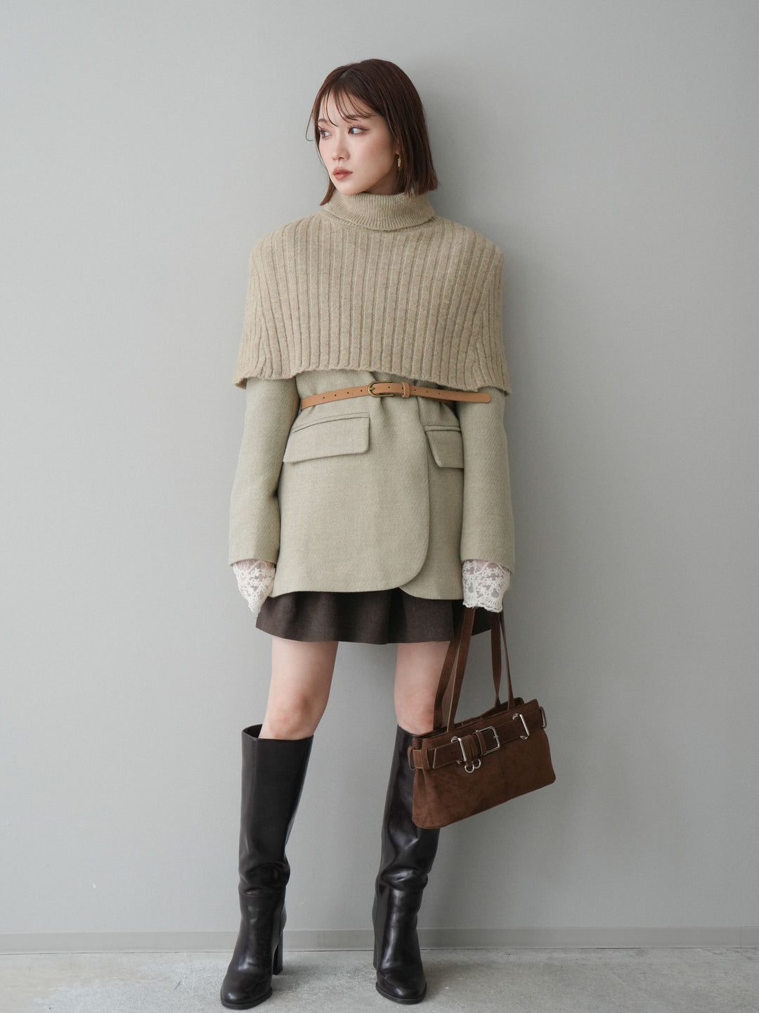 [SET]ケープ付ノーカラージャケット+ベルト付きタックミニスカート(2set)