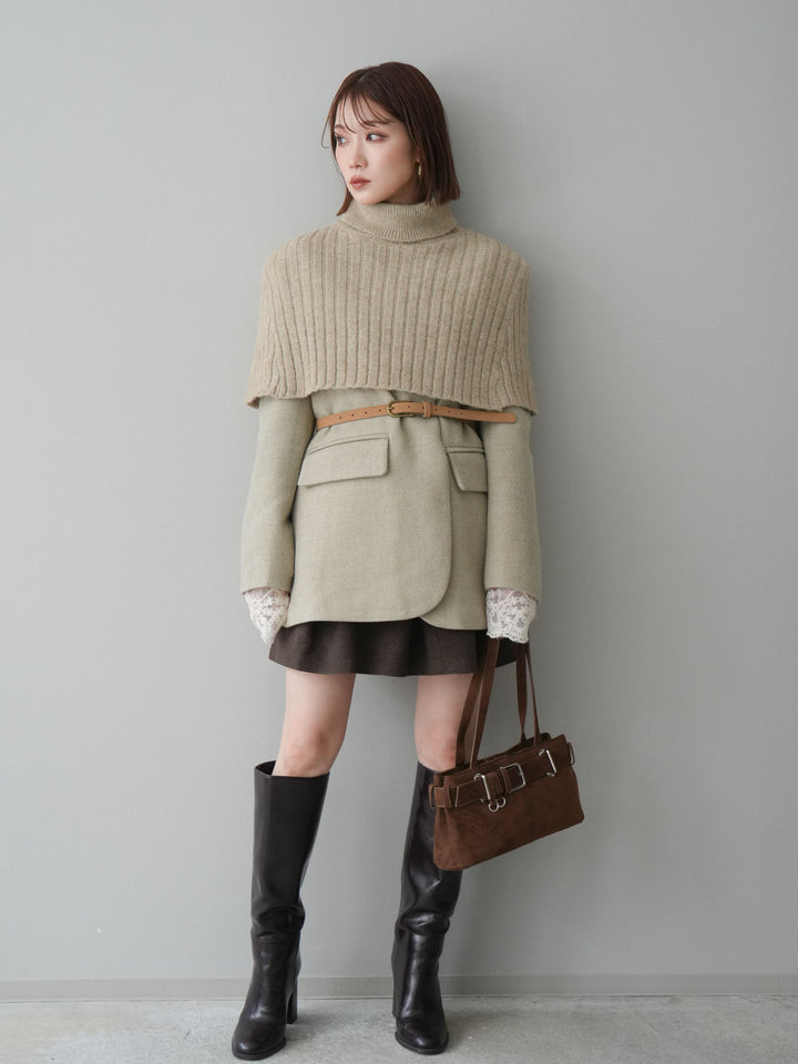 [SET]ケープ付ノーカラージャケット+ベルト付きタックミニスカート(2set)