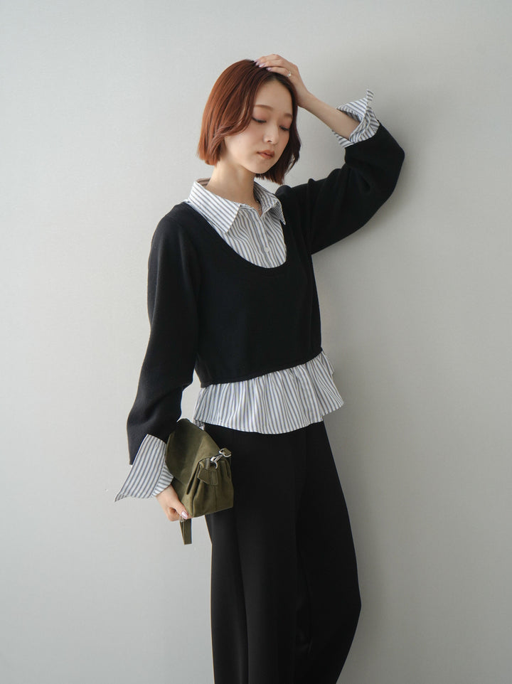 [SET]ストライプシャツUネックドッキングニットプルオーバー+イージーポンチワイドパンツ(2set)