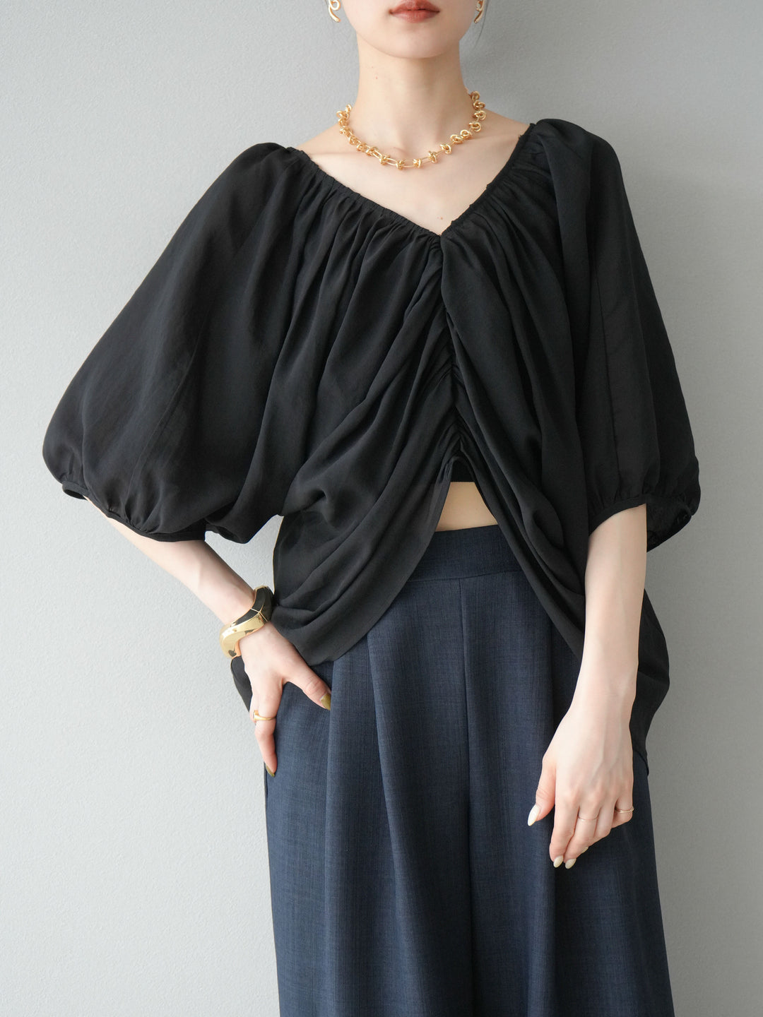 [予約]ボリュームスリーブシアータックブラウス/ブラック