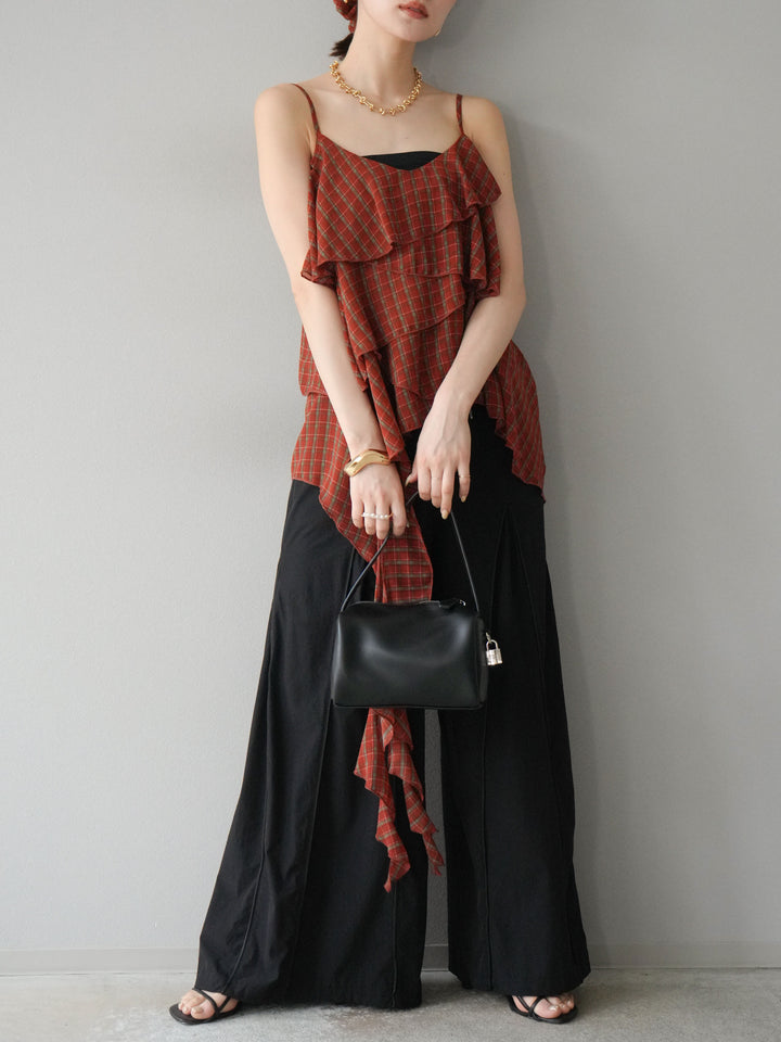 [予約]タックパイピングナイロンワイドパンツ/ブラック