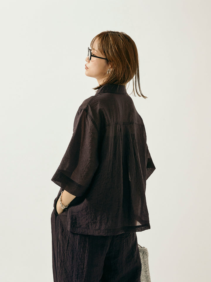 【Allure】[SET]シャイニースラブシアー開襟ハーフシャツ+シャイニースラブシアーワイドパンツ(2set)