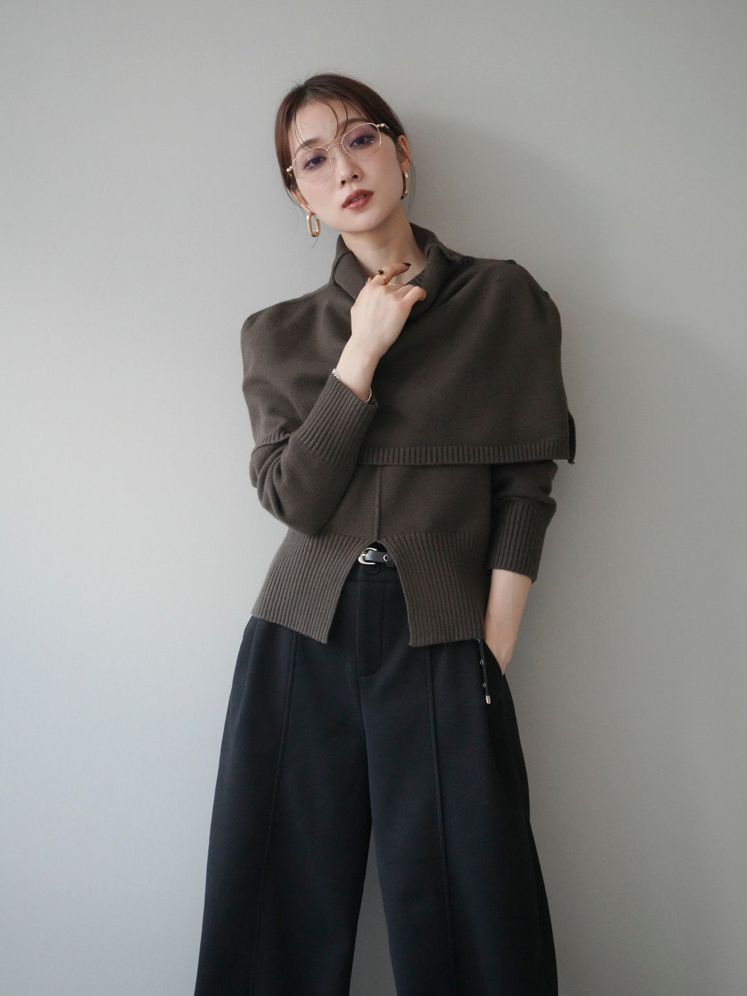 [予約]フロントスリットネックアンサンブルニット/khaki