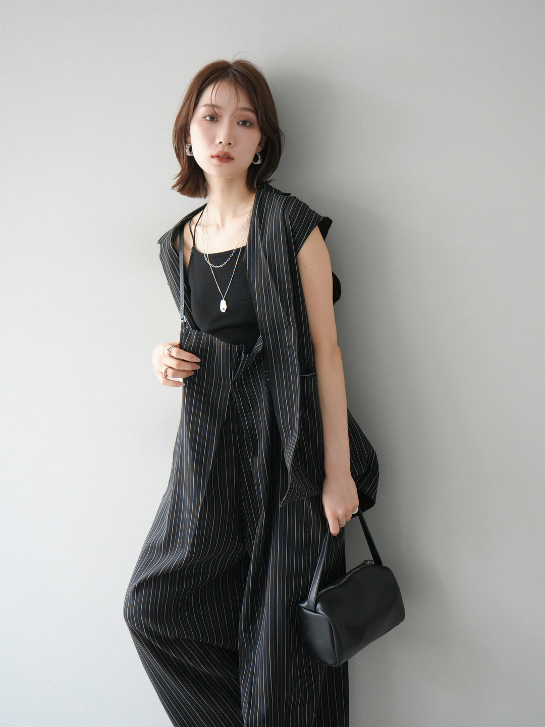 【着回しセット】[SET]ヘリンボーンストライプジレ+シアー切替ベロアトップス+ヘリンボーンストライプサロペット(3set)