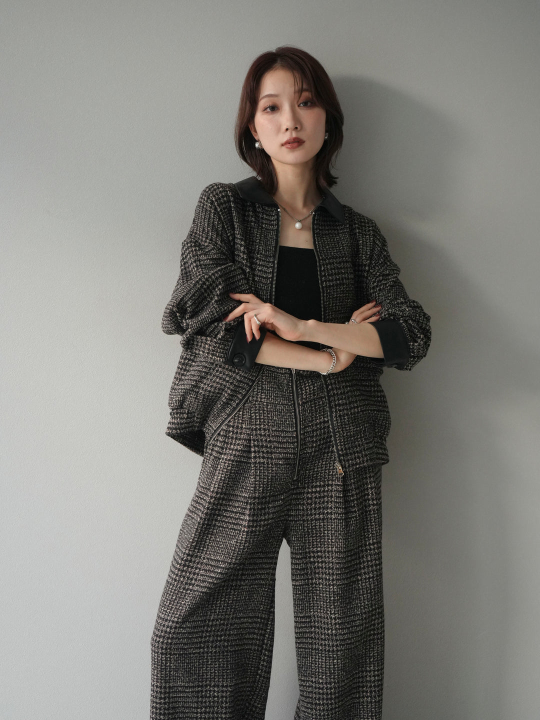 [予約]レザー襟ミックスツイードジャケット/brown