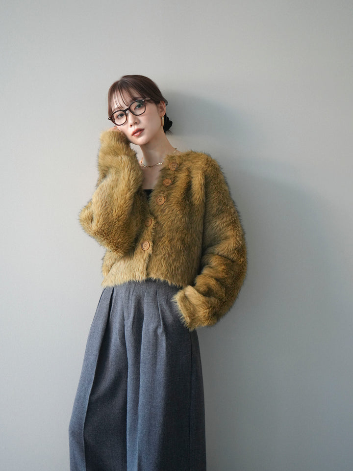 [予約]ミックスシャギーショートニットカーディガン/green