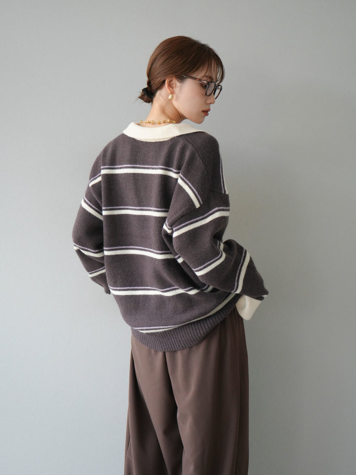 [予約]ポロ襟スキッパーボーダーニットプルオーバー/ブラウン