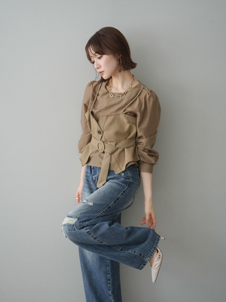 [SET]異素材ビスチェドッキングブラウス+選べるアクセセット(2set)