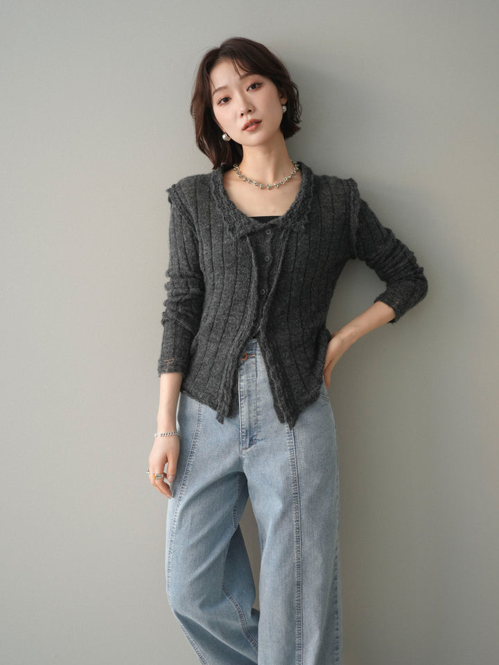 [予約]透かし襟モヘアタッチニットカーディガン/charcoal