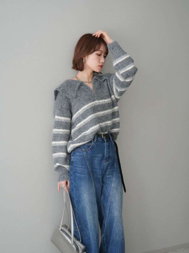 [予約]ハーフジップボーダーニットプルオーバー/gray