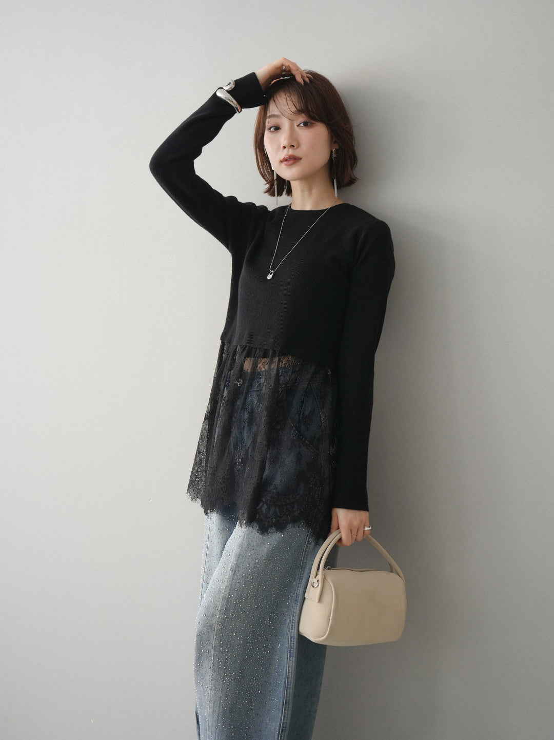 [予約]クルーネックレースドッキングリブニットトップス/black