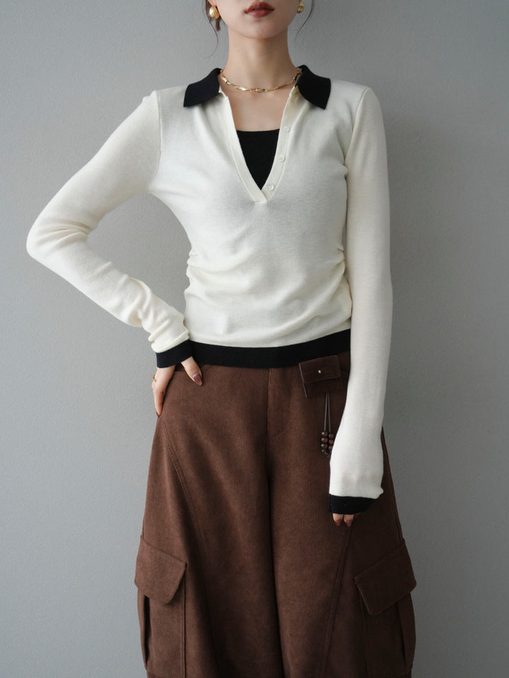 [予約]レイヤード配色ポロニットトップス/beige