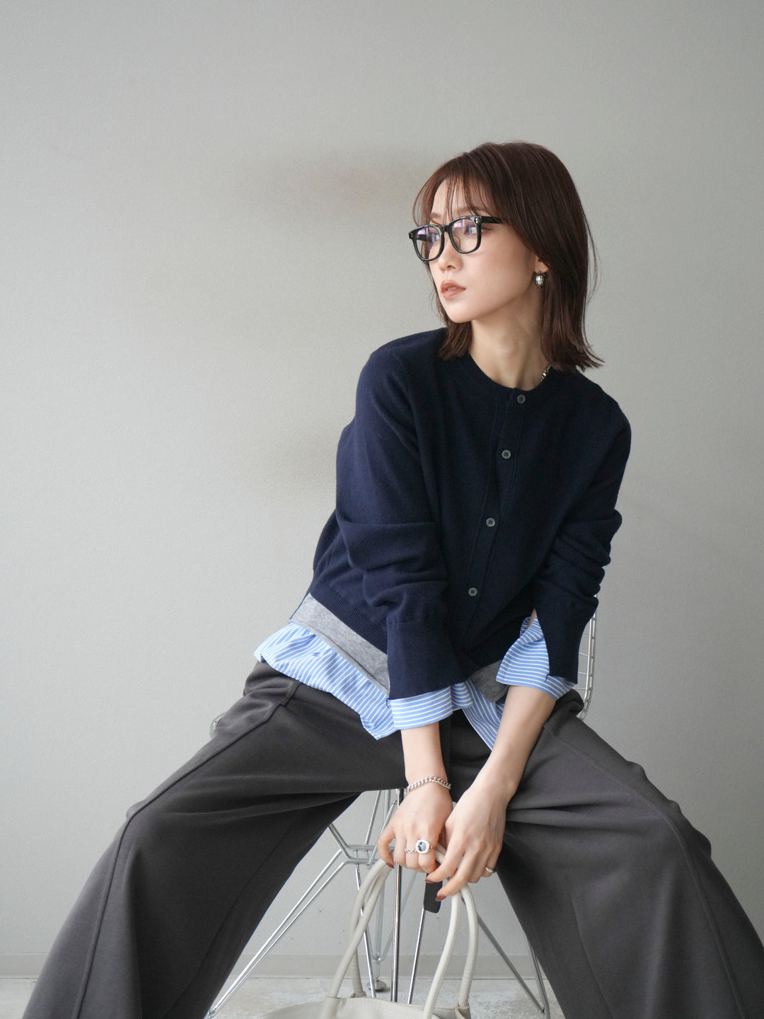 [予約]シャツ襟レイヤードニットカーディガン/navy